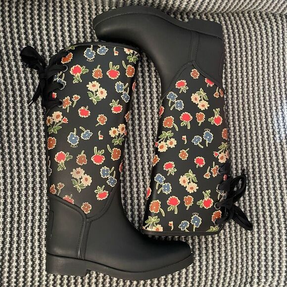 Coach Tristee black multicolor floral rain winter boot women’s shoe size 8 - Picture 1 of 15